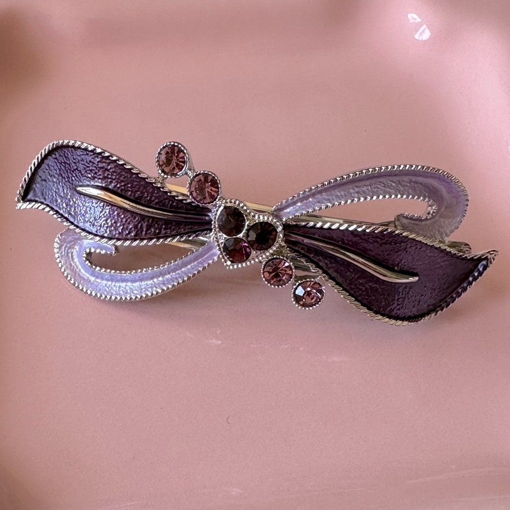 Purple Enamel and Crystal Bow & Heart Hair Barrette - Picture 1 of 7